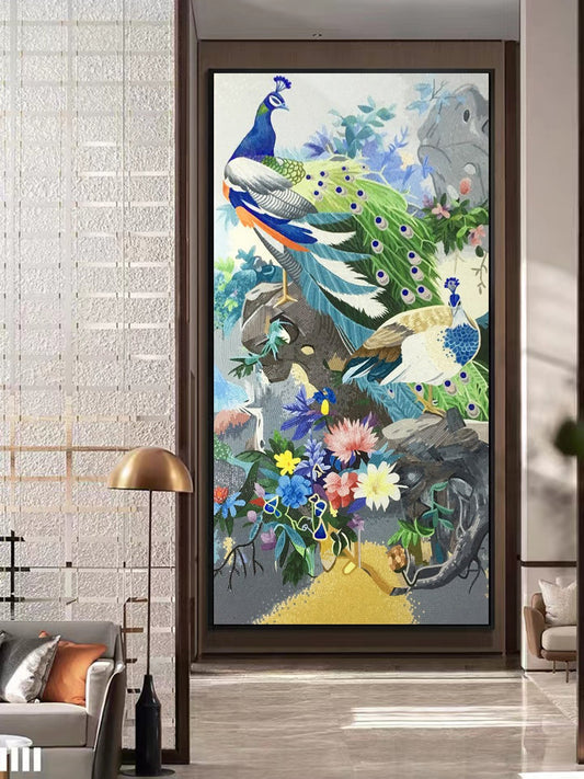 Stunning multi-bird glass mosaic featuring peacocks and colorful flowers in a contemporary living room setting