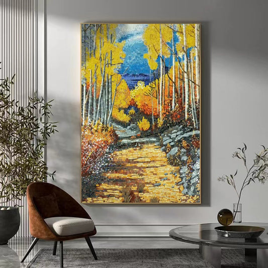 Stunning autumn forest path glass mosaic featuring golden aspen trees and mountain stream in contemporary interior