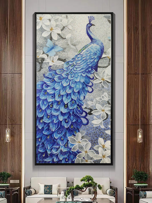 Elegant peacock and white floral glass mosaic artwork displayed in luxury interior with contemporary furniture and wood paneling