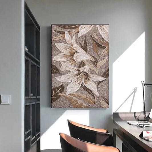 Stone mosaic artwork featuring lily pattern displayed in modern office setting