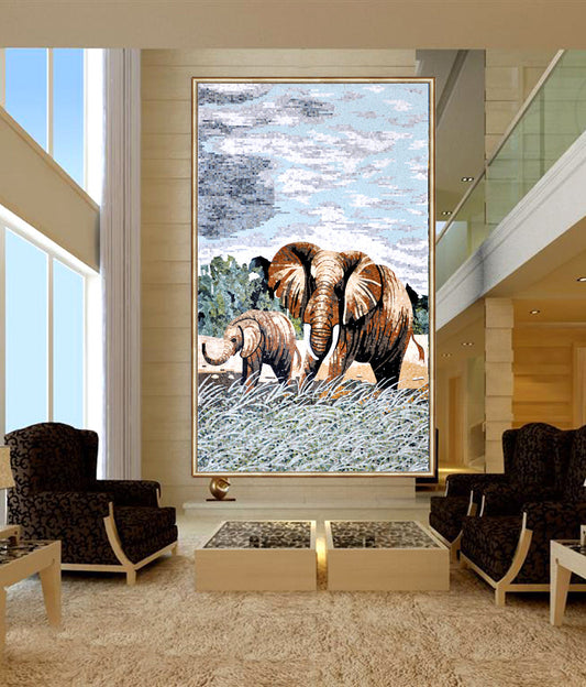 Large elephant stone mosaic artwork displayed in elegant living room with modern furniture