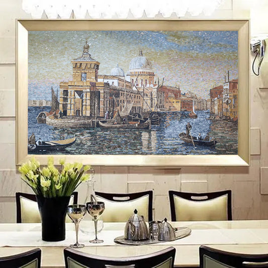 Stone mosaic artwork depicting Venice cityscape with gondolas displayed in elegant dining room