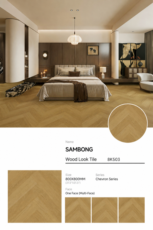 Wood Look Porcelain Floor Tile Herringbone Plank 800x800mm - Living Room Hallway Open Plan - Item No. 8K503