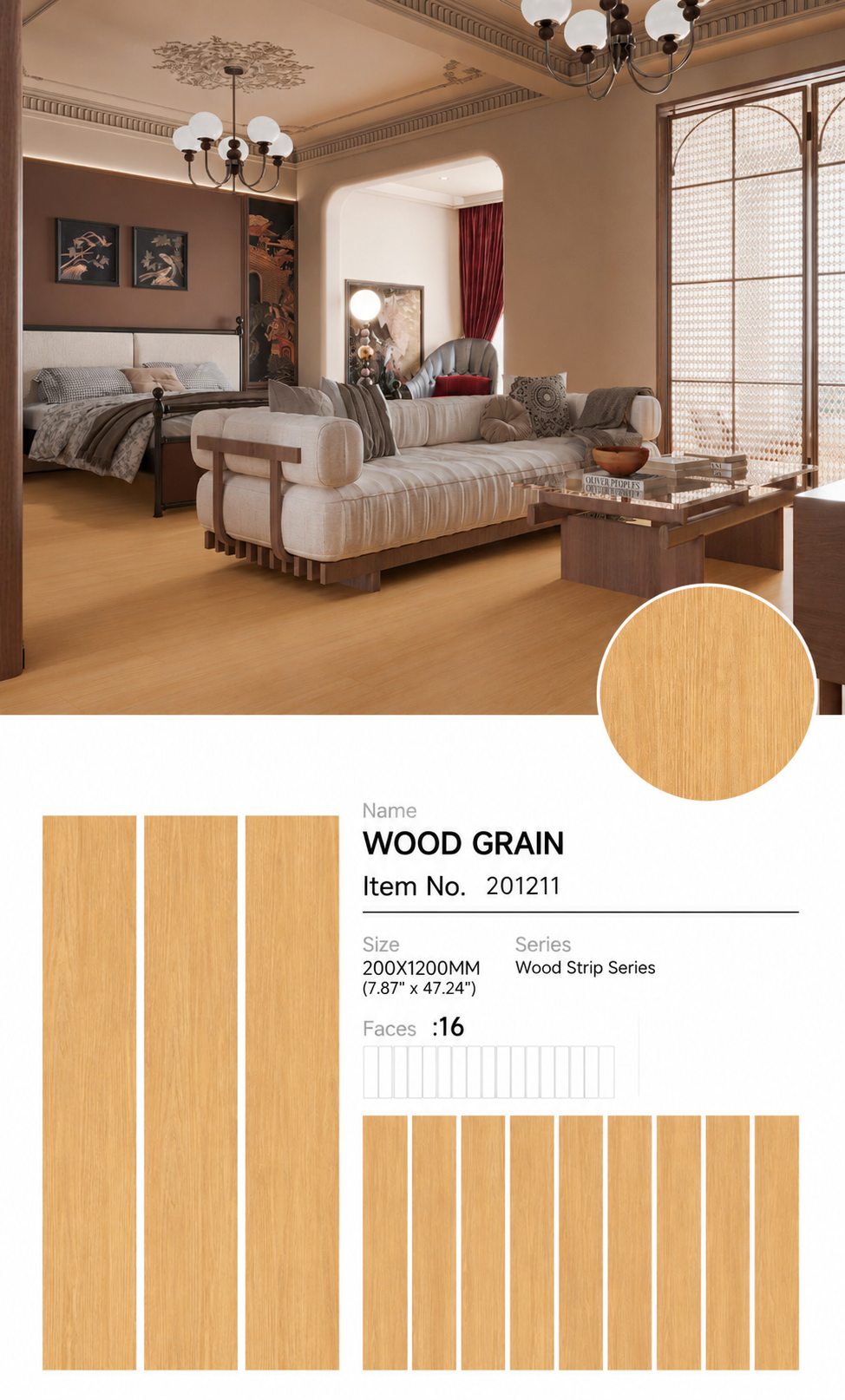 Wood Look Porcelain Floor Tile Wood Strip Plank 200x1200mm - Living Room Bedroom Kitchen - Item No. 201211