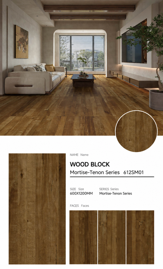Wood Look Porcelain Floor Tile Mortise Tenon Plank 600x1200mm - Living Room Hallway Open Plan - Item No. 612SM01