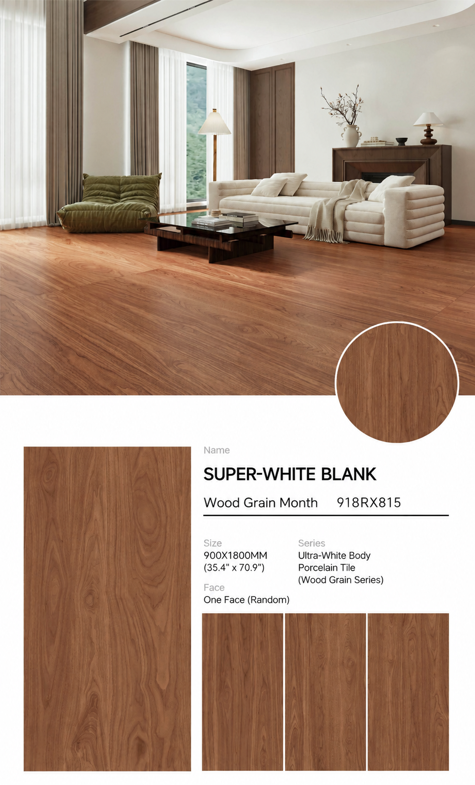 Wood Look Porcelain Floor Tile Fine Grain Velvet Plank 900x1800mm - Living Room Hallway Open Plan - Item No. 918RX815