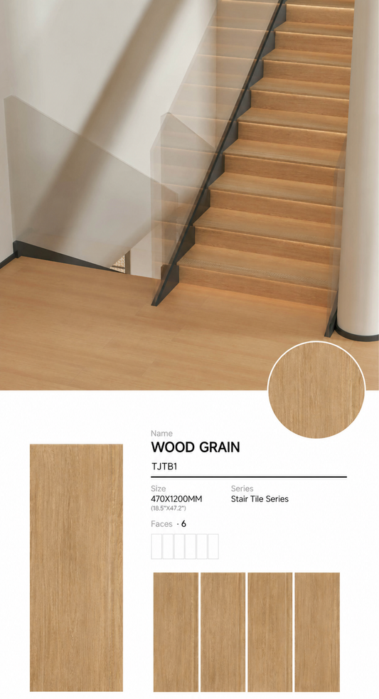 Wood Look Porcelain Floor Tile Stair Tread Plank 470x1200mm - Living Room Hallway Open Plan - Item No. TJTB1