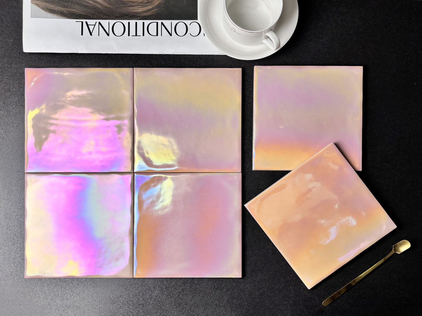 Iridescent Ceramic Tiles 150x150mm - Per Square Meter - Pearl Pink & Orange Holographic Finish -1502HC