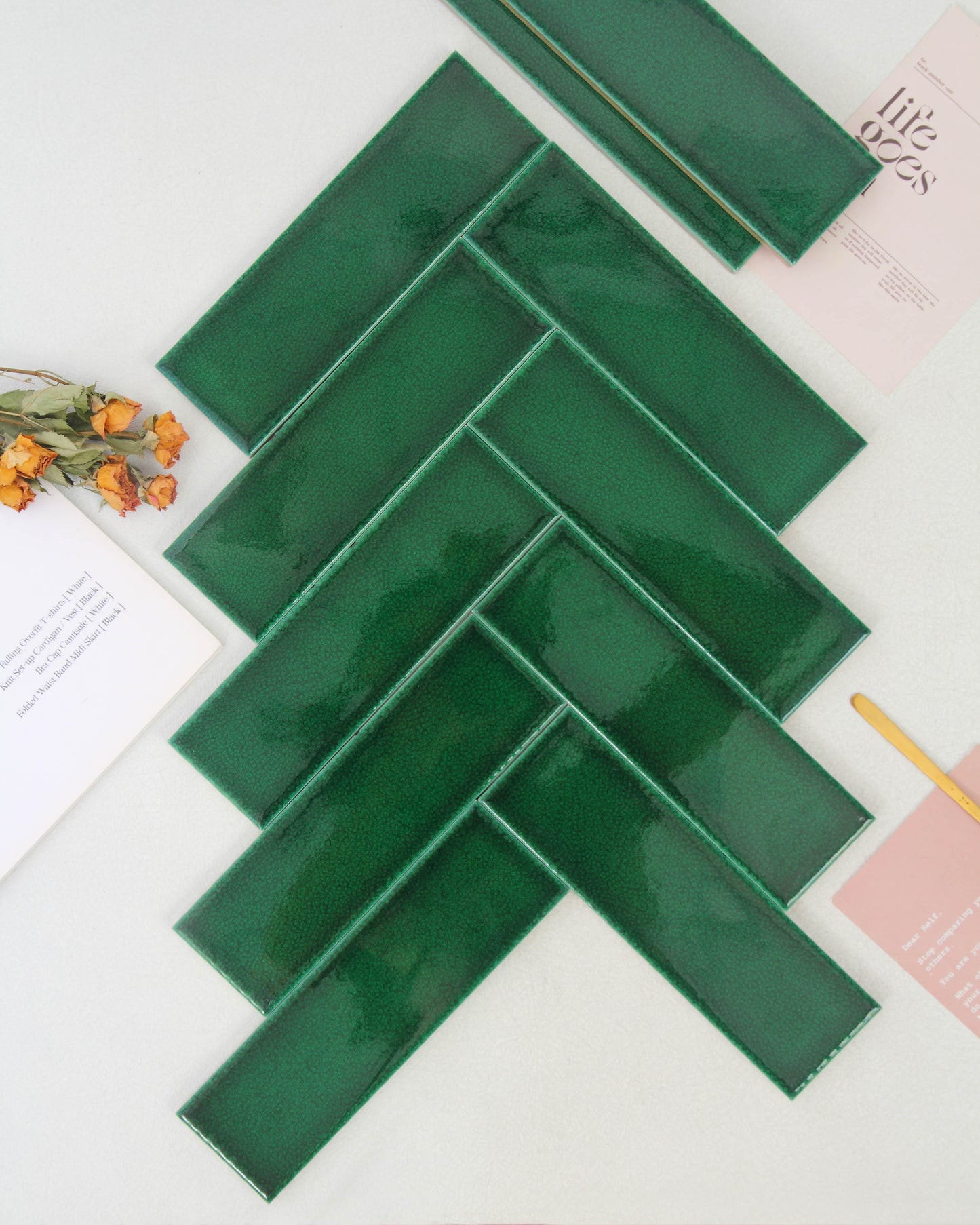 Ice Crack Kiln Change Ceramic Tiles 60x200mm - Per Square Meter - Deep Green Textured Finish - N-BL-6200ML