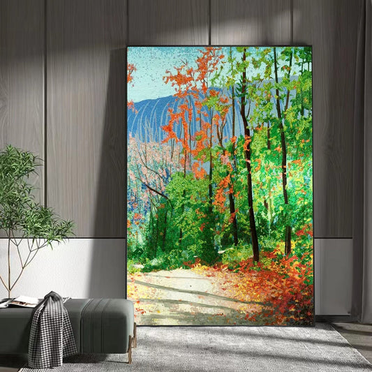Vibrant autumn mountain trail glass mosaic featuring stone path through colorful forest in modern interior setting
