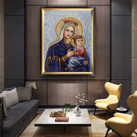 Byzantine style glass mosaic religious artwork featuring traditional sacred imagery displayed in modern interior setting