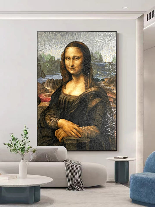 Mona Lisa glass mosaic artwork reproduction displayed in modern contemporary living room interior with white sofa and blue accents