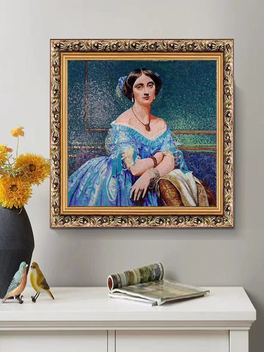 Classical European-style portrait glass mosaic artwork displayed in elegant home interior setting with ornate golden frame