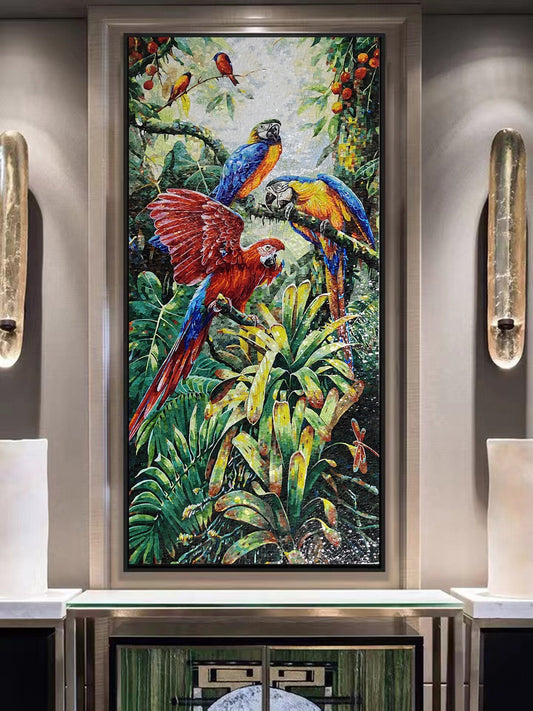 Vibrant tropical rainforest glass mosaic featuring scarlet macaws and exotic birds in elegant dining room interior