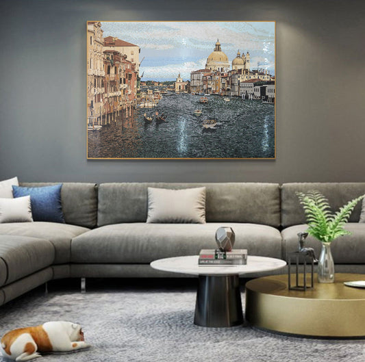 Stone mosaic artwork depicting Venice Grand Canal with palazzos and churches displayed in modern living room