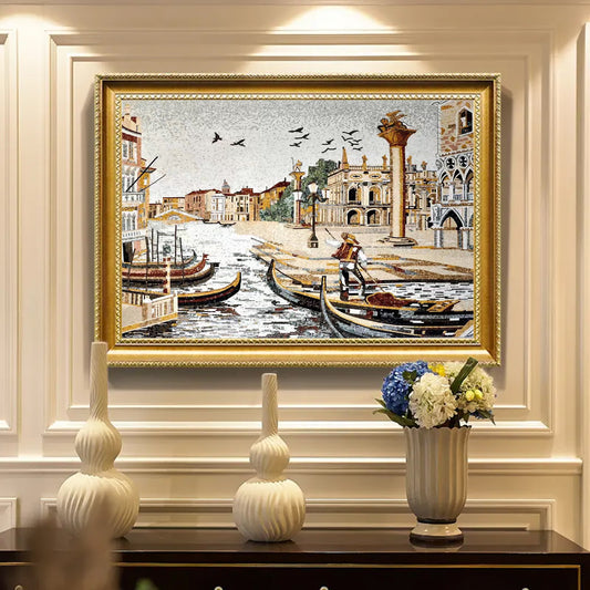 Stone mosaic artwork depicting Venice St. Mark's Square with basilica and gondolas in ornate gold frame