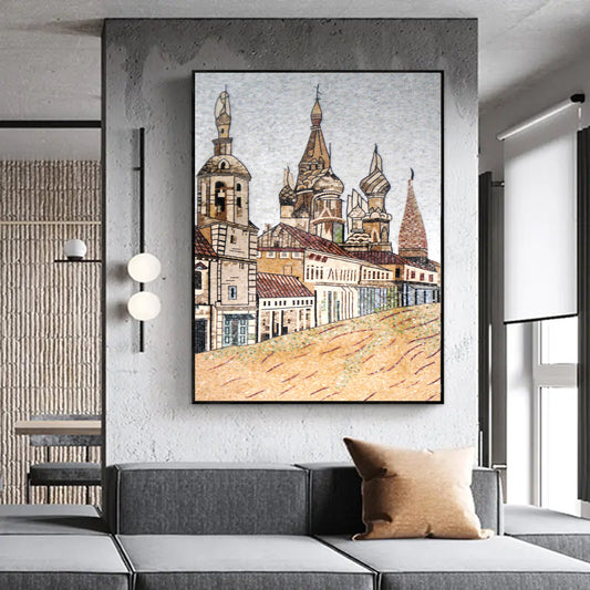 Stone mosaic artwork depicting Russian Orthodox church architecture displayed in modern living room