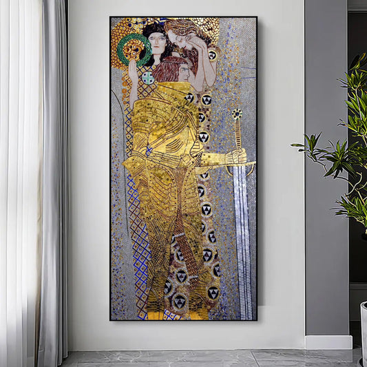 Art Nouveau style glass mosaic portrait with golden robes and decorative patterns displayed in contemporary interior setting
