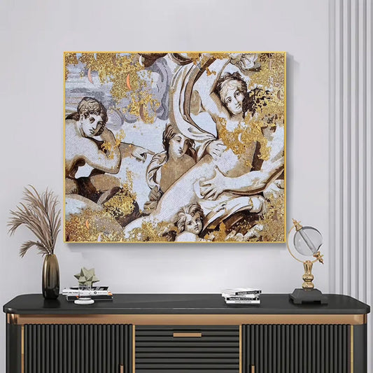 Baroque-style glass mosaic artwork featuring multiple classical figures with golden accents displayed above modern console table in contemporary interior
