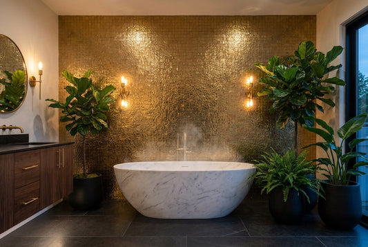 Luxury bathroom with gold metallic mosaic tile accent wall