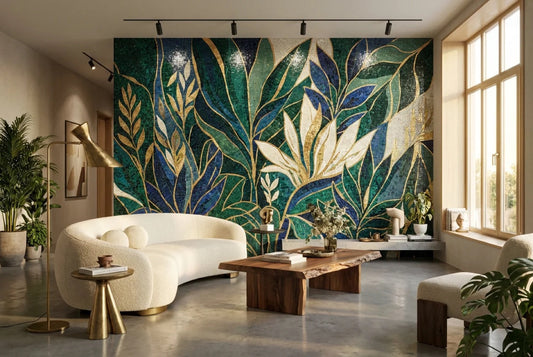 Mosaic tile mural wall in luxury living room - tile as art trend 2026
