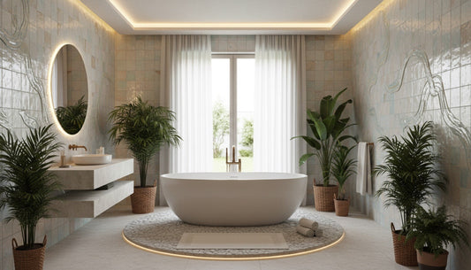 Tactile textured handmade ceramic tiles in a luxury spa bathroom