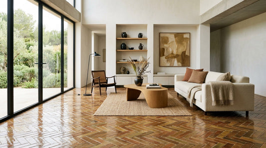 Modern living room with handmade ceramic tile flooring