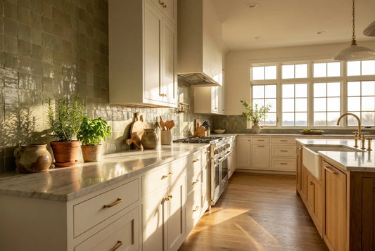 Modern American farmhouse kitchen with handmade zellige tile backsplash in sage green