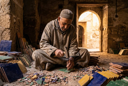Traditional Moroccan zellige tile workshop with artisan craftsman hand-cutting glazed ceramic tiles