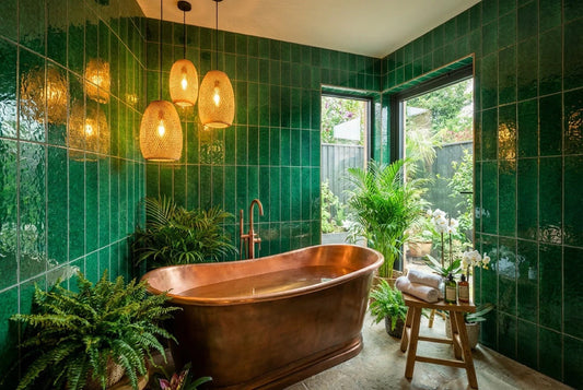 Luxury bathroom with emerald green crackle glaze tiles and copper freestanding bathtub