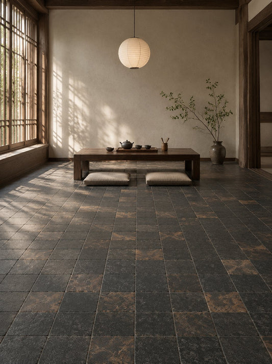 Dark coffee limestone-look floor tile in a Song-style tea room