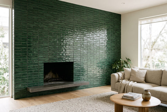 Deep forest green 40x250mm handmade kiln-fired brick fully cladding a living room fireplace wall (design visualisation)