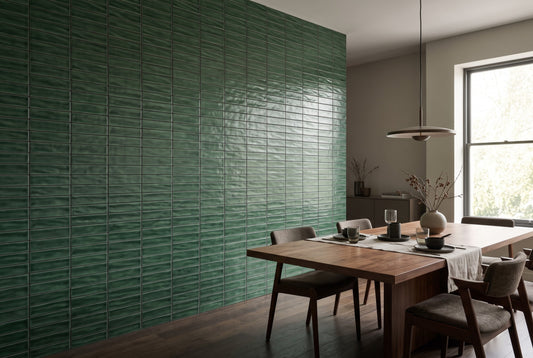 Deep forest green 40x250mm handmade kiln-fired brick cladding a dining room feature wall (design visualisation)