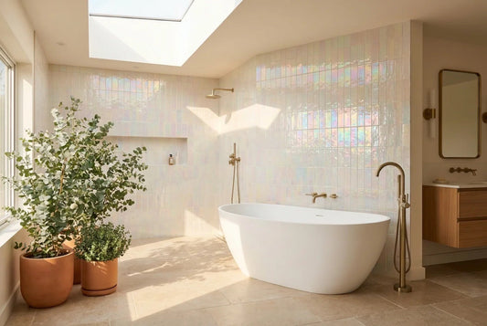 Spa bathroom with iridescent pearlescent ceramic tiles on shower wall
