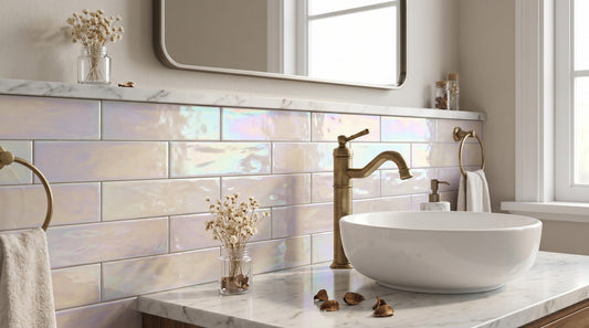 Iridescent tile bathroom vanity wall