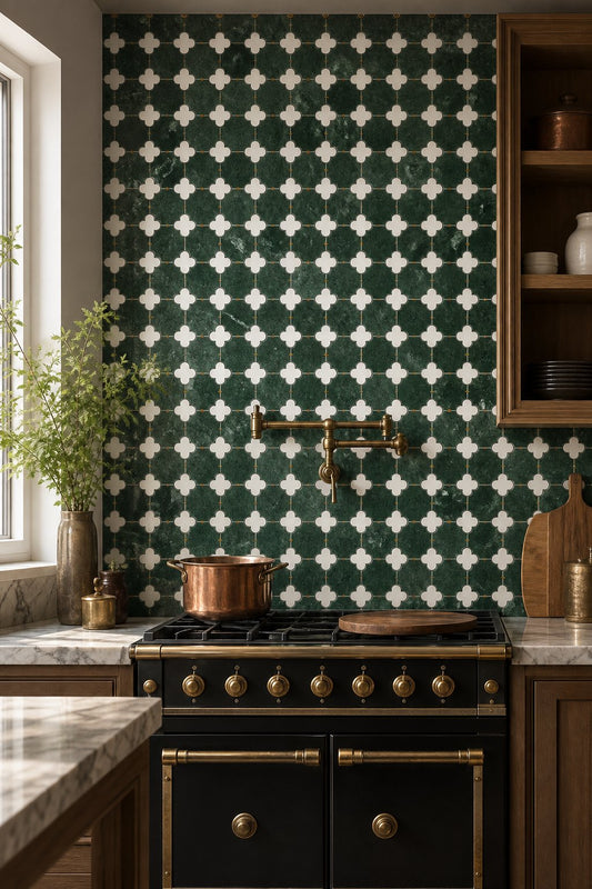 Plum blossom stone mosaic kitchen backsplash in polished green stone