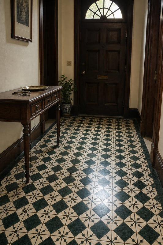 Vintage old Shanghai stone mosaic floor in a villa entryway, green marble diamonds with cream marble joints