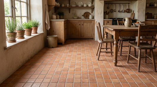 Warm terracotta mosaic floor tiles fully paving a country kitchen (design visualisation)