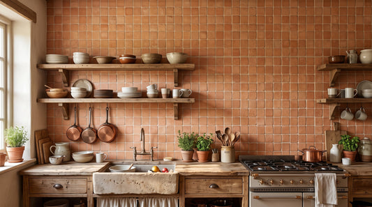 Warm terracotta mosaic tiles fully cladding a country kitchen wall (design visualisation)