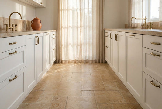 Warm Mediterranean kitchen with terracotta tiles in French Versailles pattern