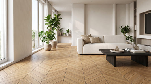 Herringbone wood look porcelain floor tile 600x1200mm in a modern living room (design visualisation)