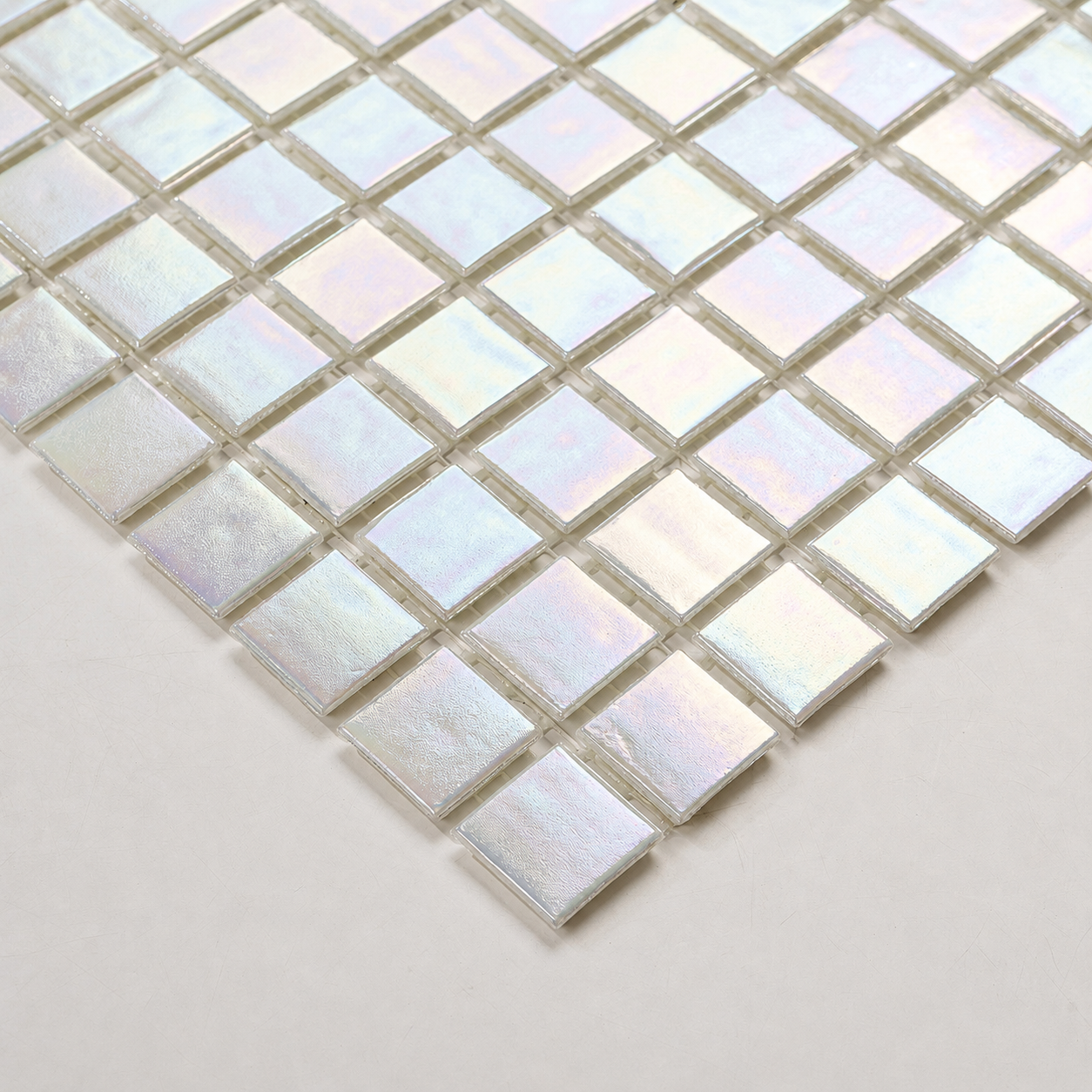 Iridescent Glass Mosaic Tiles – Pearl White Rainbow Shimmer