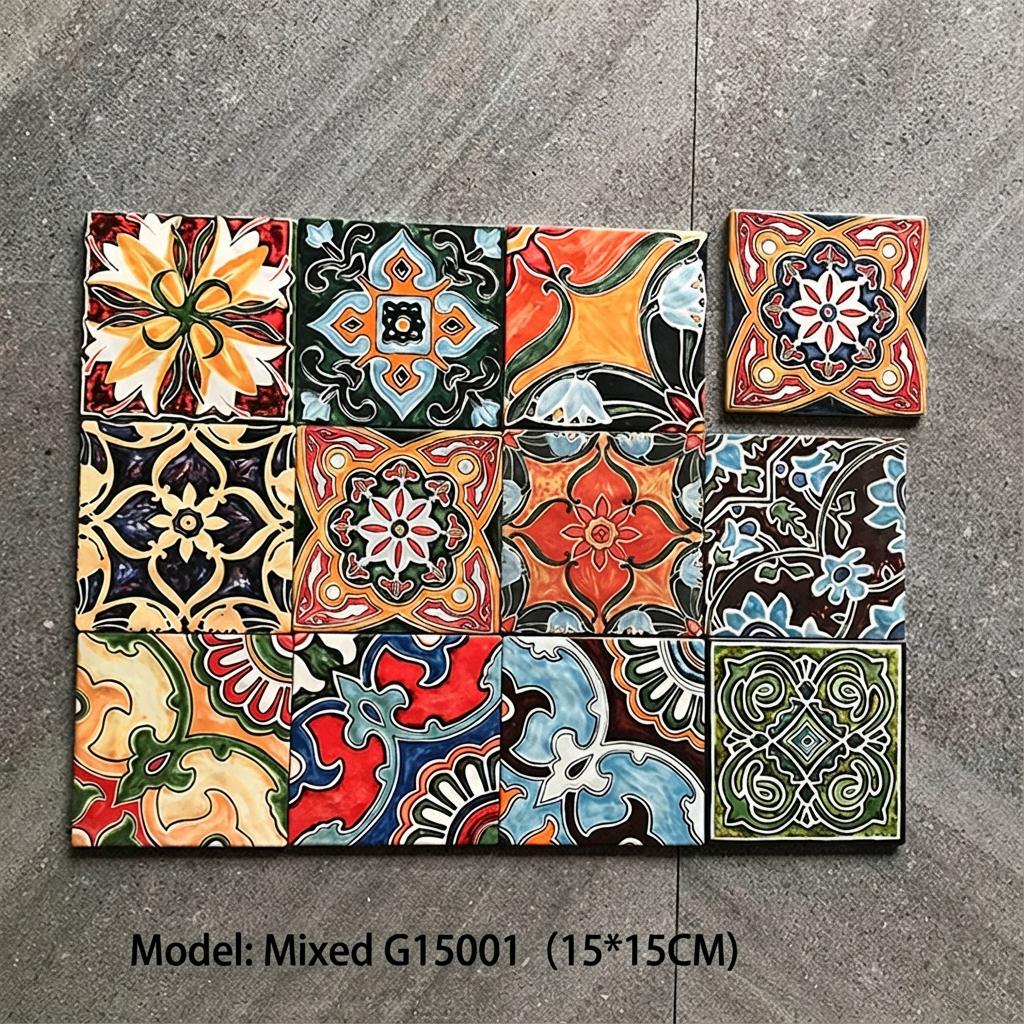45 Pcs Hand Painted Ceramic Tiles 6x6 Floral Mixed Patterns Assorted Wall Tiles for Kitchen Backsplash Bathroom Stair Riser Decorative Art View 4 - GR.Mosaic Decorative Pattern