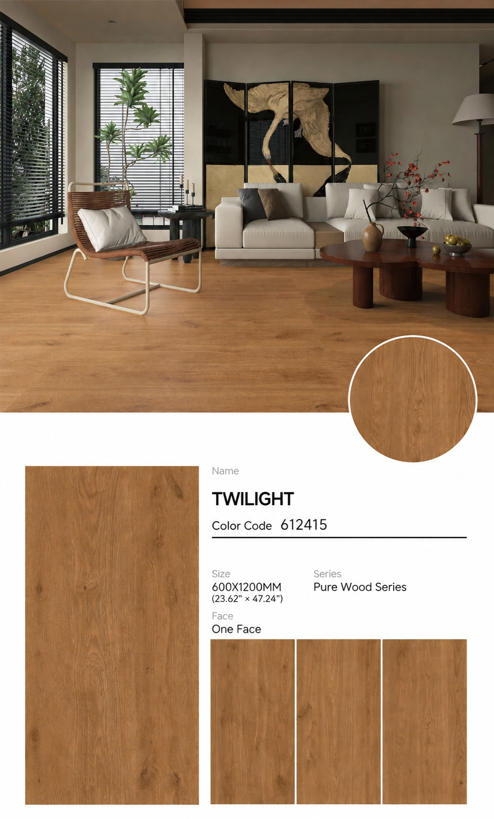Wood Look Porcelain Floor Tile Natural Wood Plank 600x1200mm - Living Room Hallway Open Plan - Item No. 612415