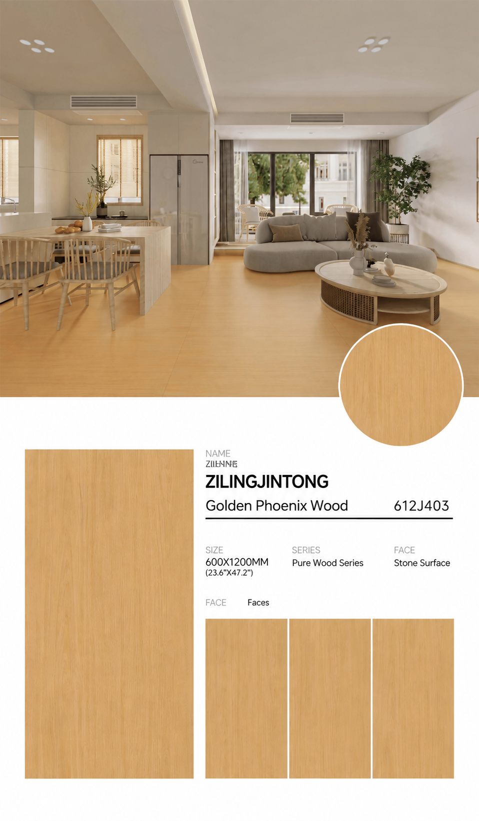 Wood Look Porcelain Floor Tile Natural Wood Plank 600x1200mm - Living Room Hallway Open Plan - Item No. 612J403