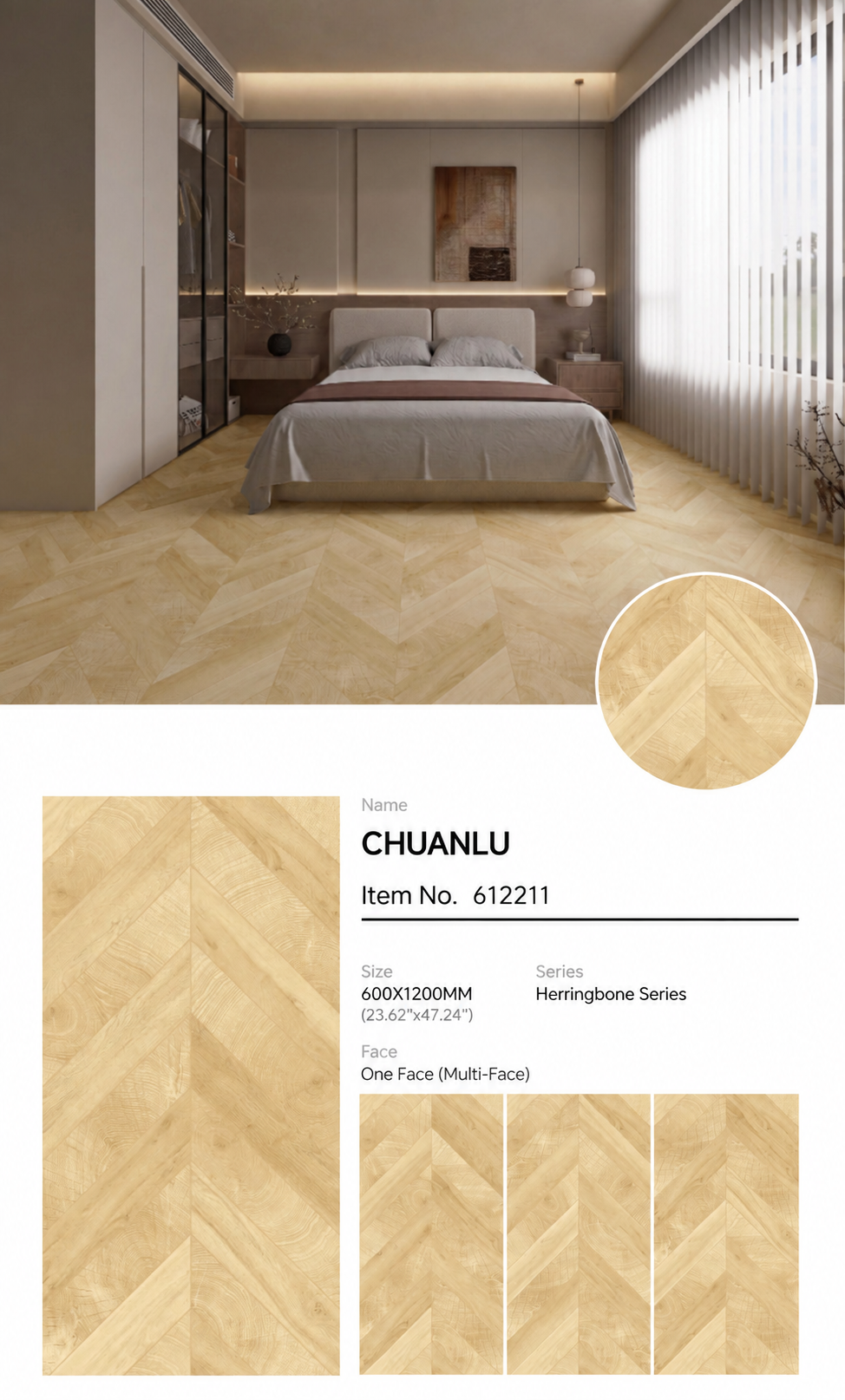 Wood Look Porcelain Floor Tile Chevron Plank 600x1200mm - Living Room Hallway Open Plan - Item No. 612211