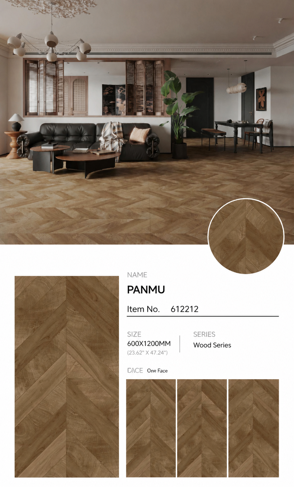 Wood Look Porcelain Floor Tile Chevron Plank 600x1200mm - Living Room Hallway Open Plan - Item No. 612212