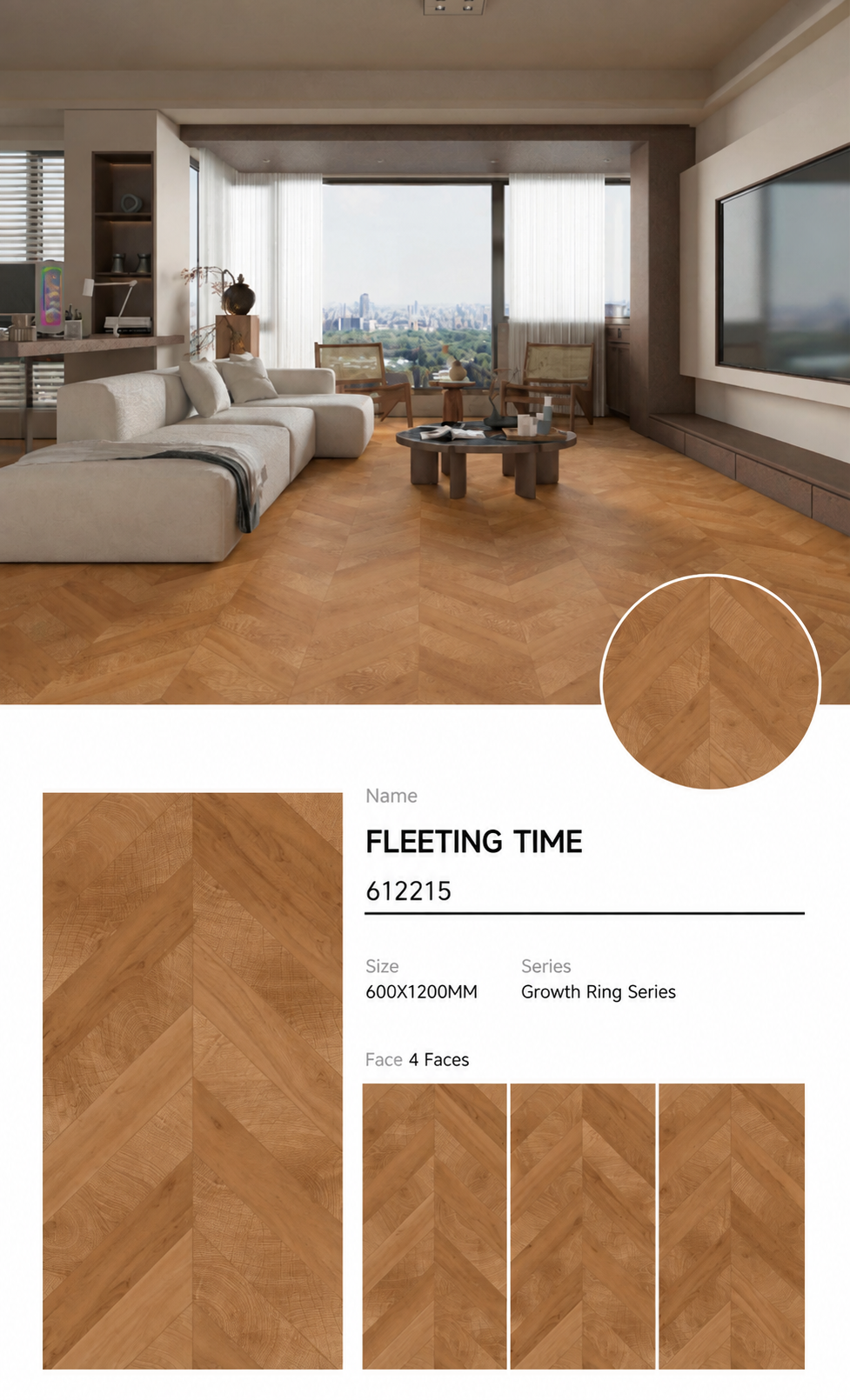 Wood Look Porcelain Floor Tile Chevron Plank 600x1200mm - Living Room Hallway Open Plan - Item No. 612215