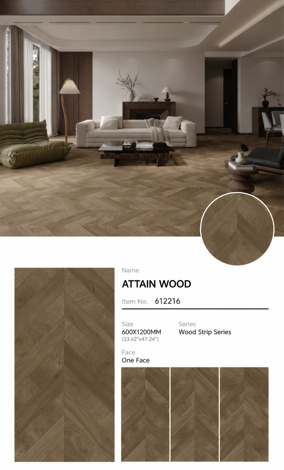 Wood Look Porcelain Floor Tile Chevron Plank 600x1200mm - Living Room Hallway Open Plan - Item No. 612216