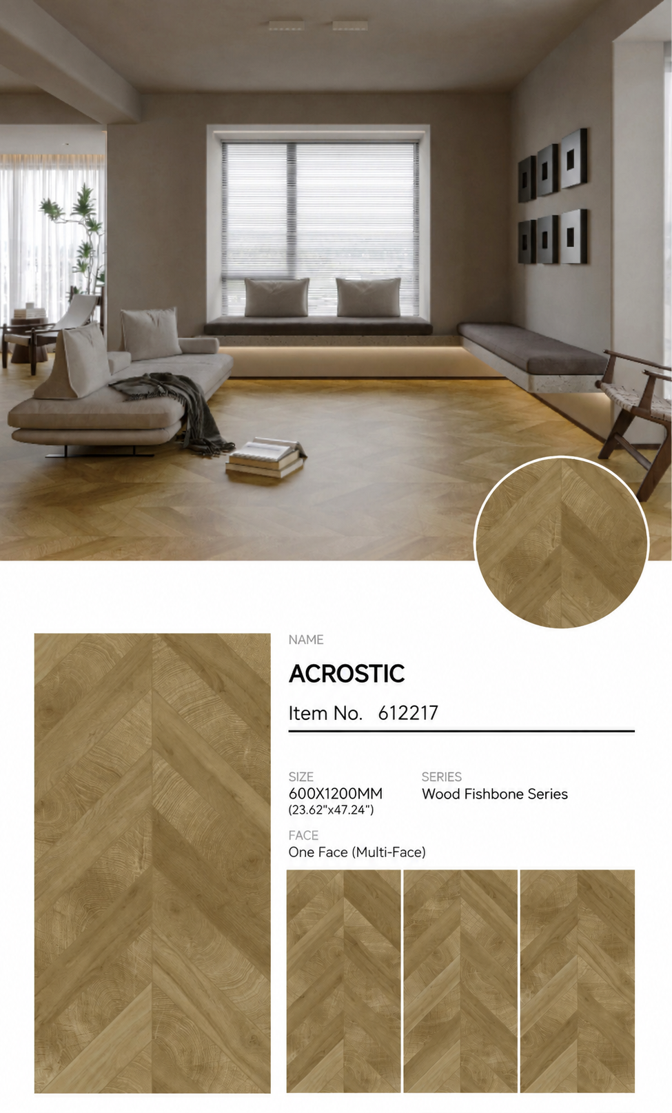 Wood Look Porcelain Floor Tile Chevron Plank 600x1200mm - Living Room Hallway Open Plan - Item No. 612217